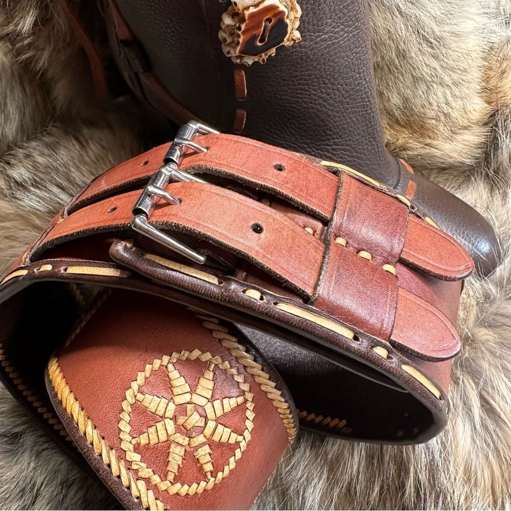 *Ralph Lauren Collection Brown Multi Double Buckle Whipstitched Western Belt - Picture 5 of 16